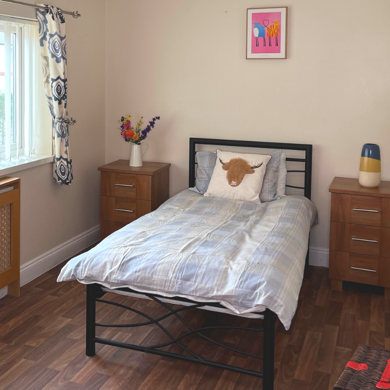 An image of one of the bedrooms, a nicely laid bed, with an extra cushion which displays an artful image of a cow. The bedside table has some flowers on top of it and there is a picture on the wall. The window is just visible and it is bringing in ample daylight.